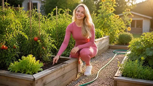 Sasha beside a raised bed, the photograph from the finger test entry